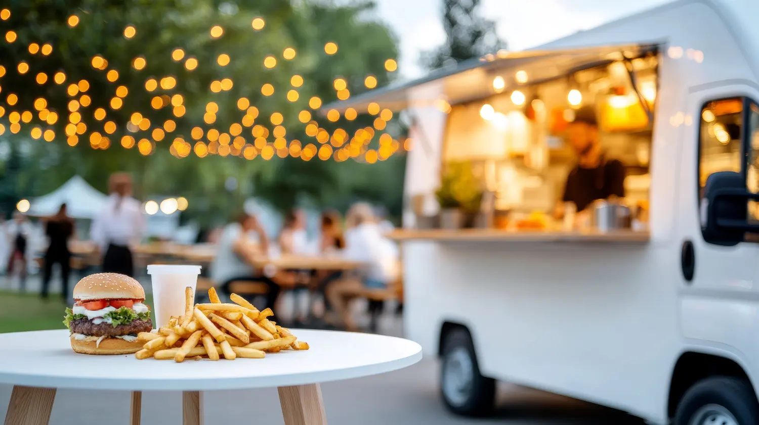 Foodtruck-Szene im Freien mit Burger, Pommes und Getränk unter Lichterketten.