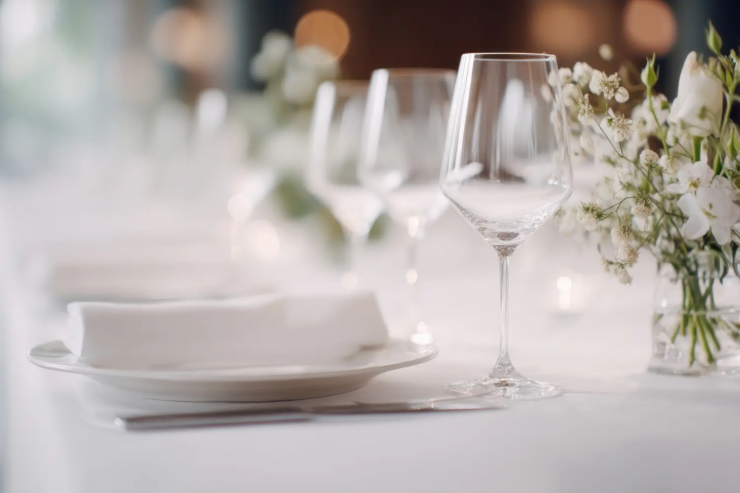 Elegantes Galadinner mit minimalistischer Tischdekoration, gedämpftem Ambiente und viel Platz für Text.